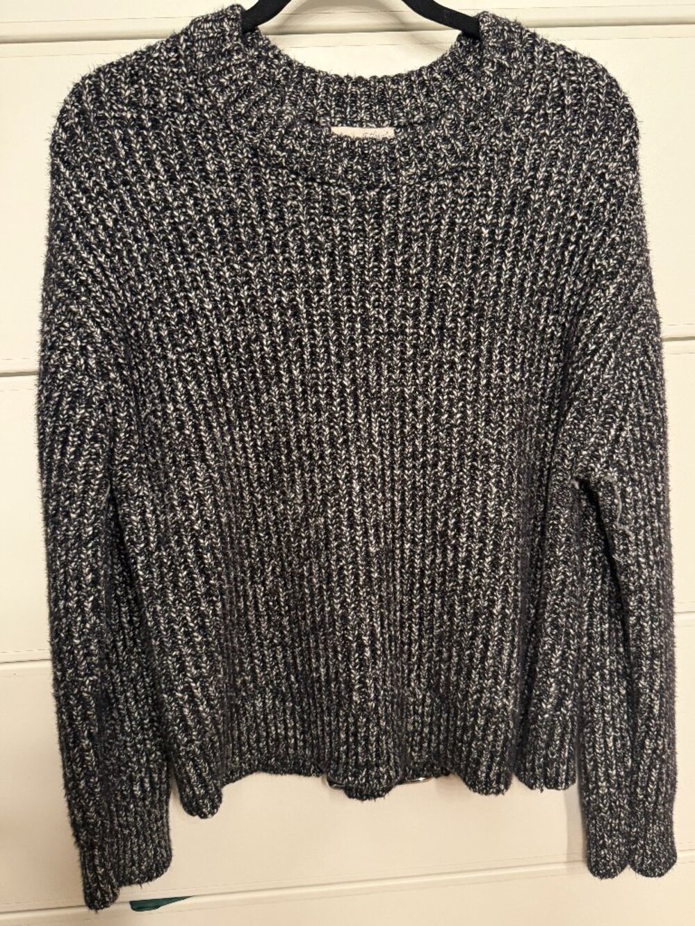 Black White Marled Chunky Knit Crewneck Sweater Pullover, Size M